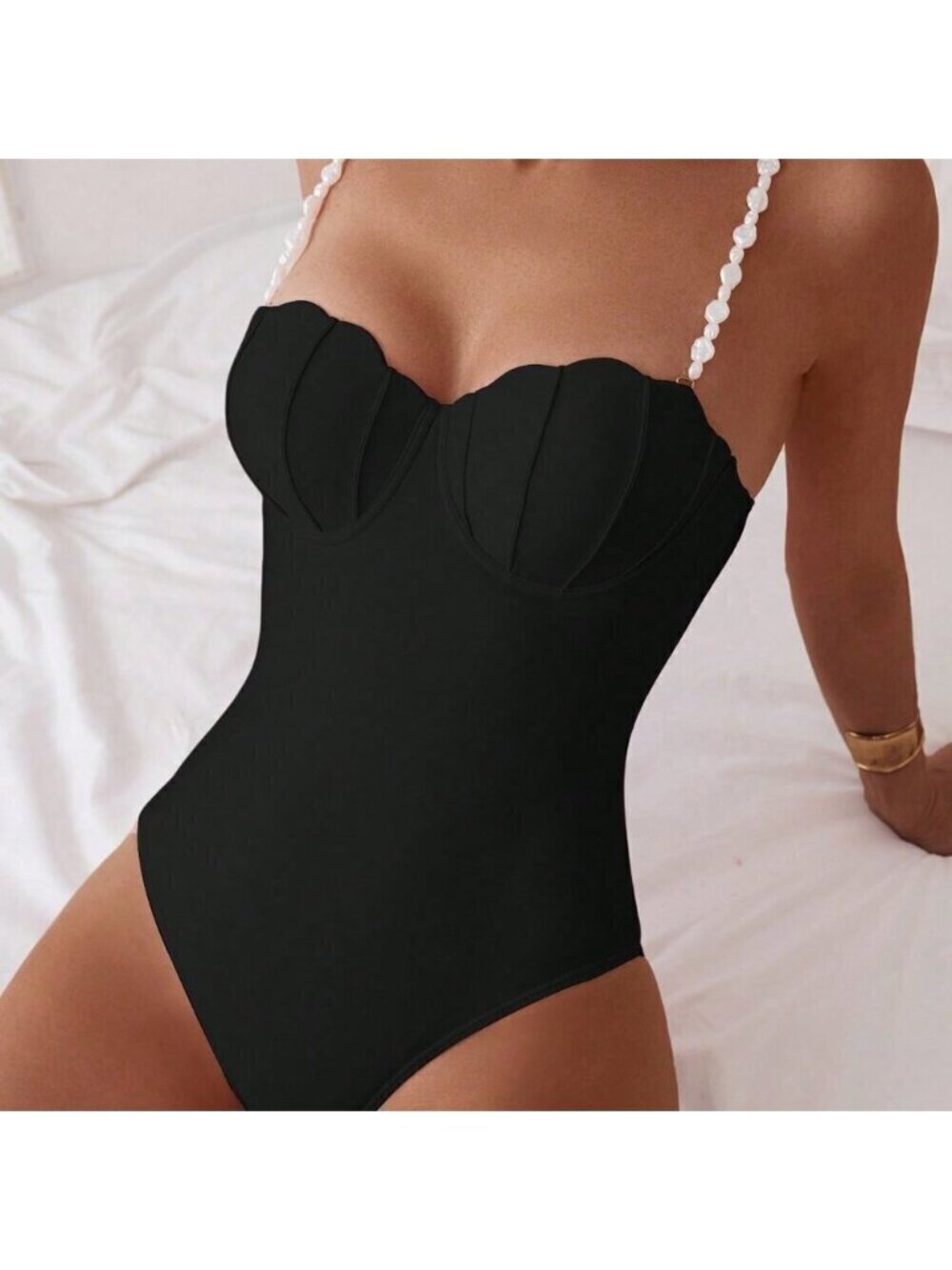 Black Cute Women's Iridescent Faux Pearl Decorated One-Piece Swimsuit